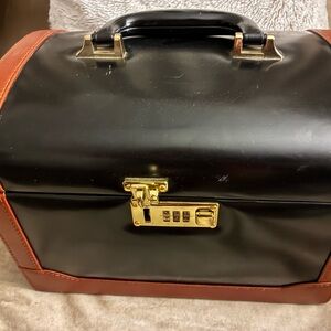 Vintage Black and Brown Leather Travel Case with Gold Lock